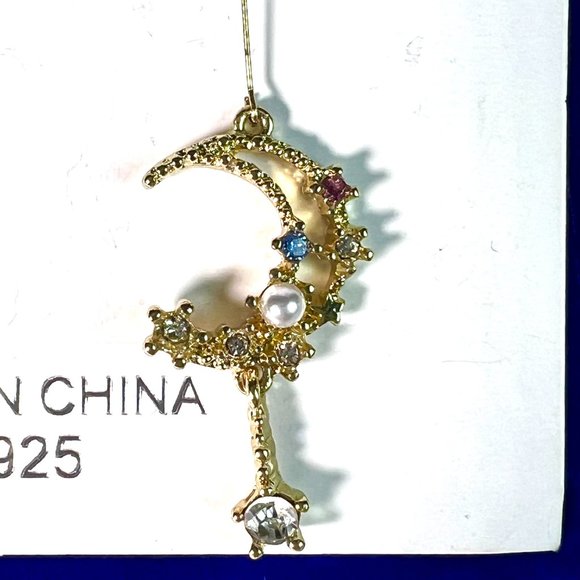 NWOT Celestial Moon & Star Crystal & Pearl Dangle Earrings Gold Finished S925 - Picture 5 of 6